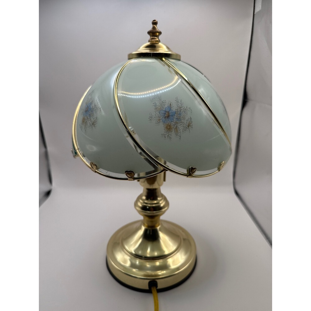 Vintage Brass Touch Lamp 6 Panel Frosted Floral Glass Shade 3 Way Control 14.5in